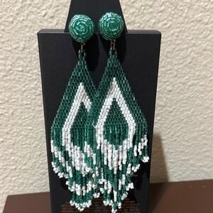 New Emerald & White Beaded 5" Fringe Drop Statement Earrings